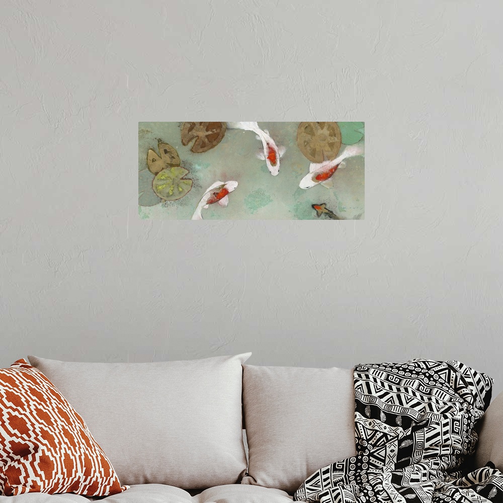 A bohemian room featuring Contemporary painting of white and orange koi swimming amid lily pads in a shallow pond.