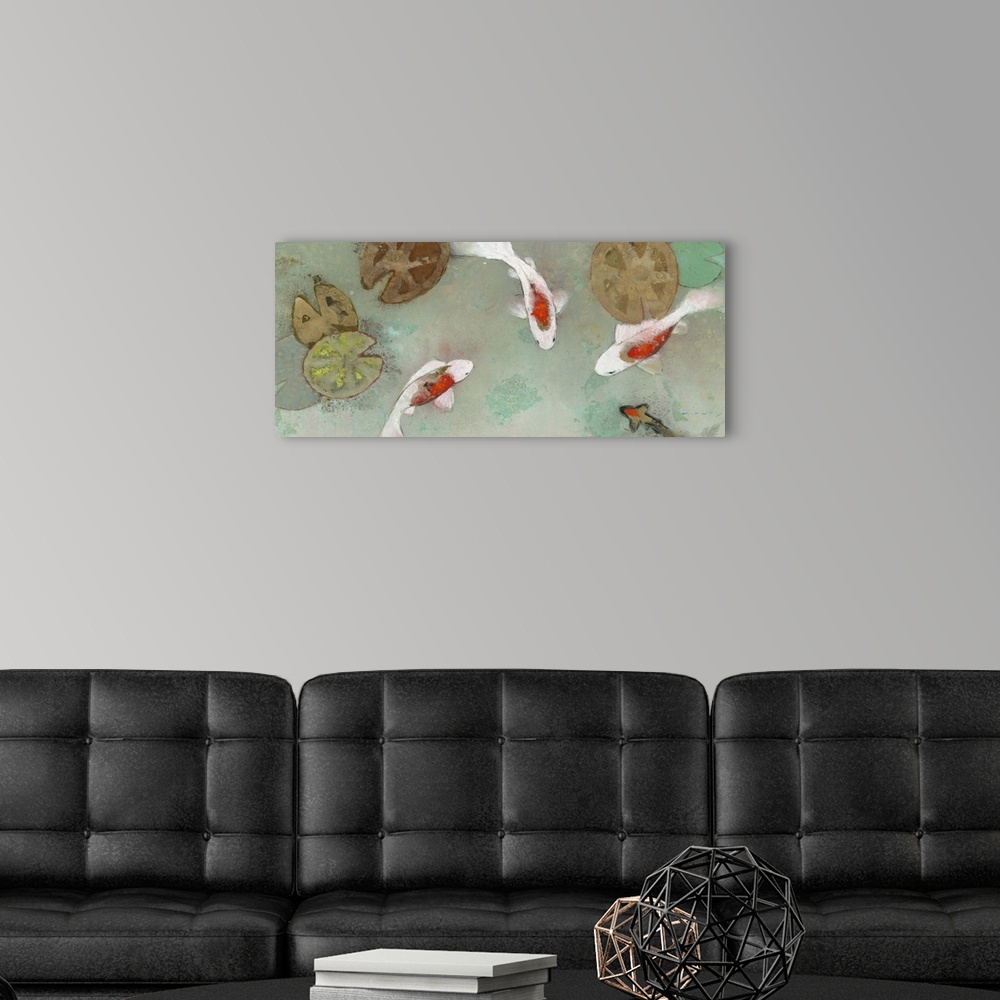 A modern room featuring Contemporary painting of white and orange koi swimming amid lily pads in a shallow pond.