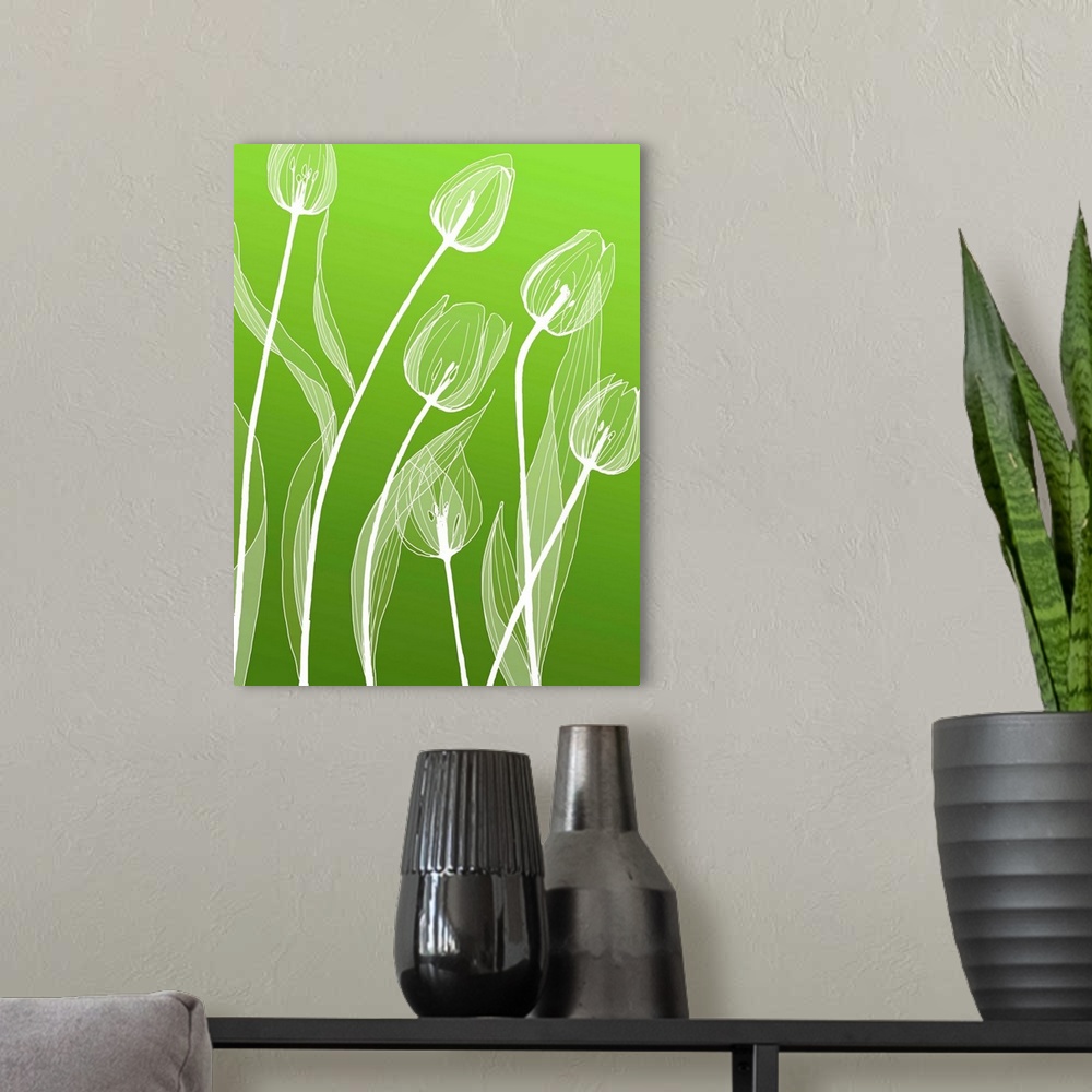 A modern room featuring A digital illustration of white flowers against a green background.