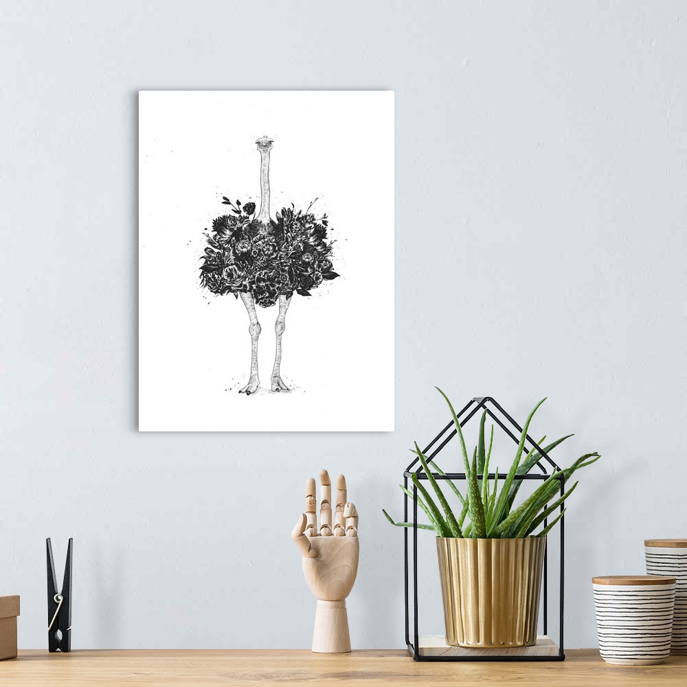 A bohemian room featuring Digital illustration of an ostrich whose body is composed of flowers.