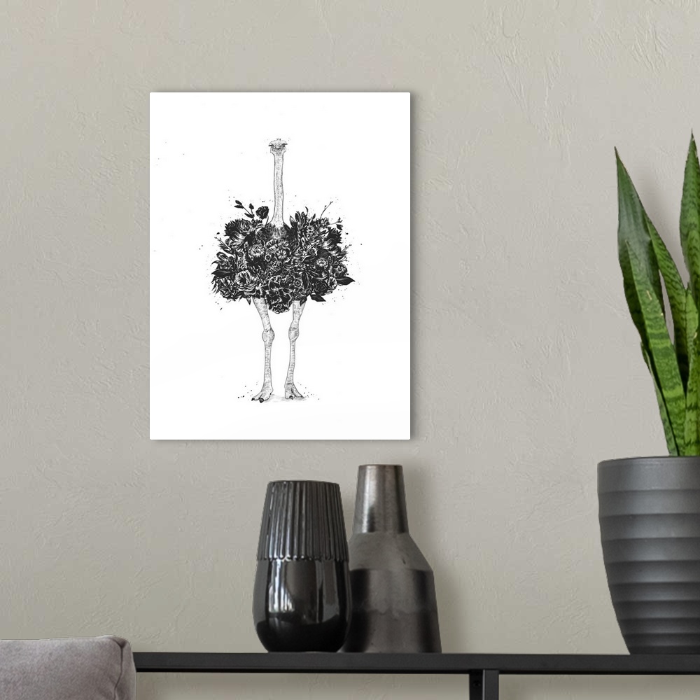 A modern room featuring Digital illustration of an ostrich whose body is composed of flowers.