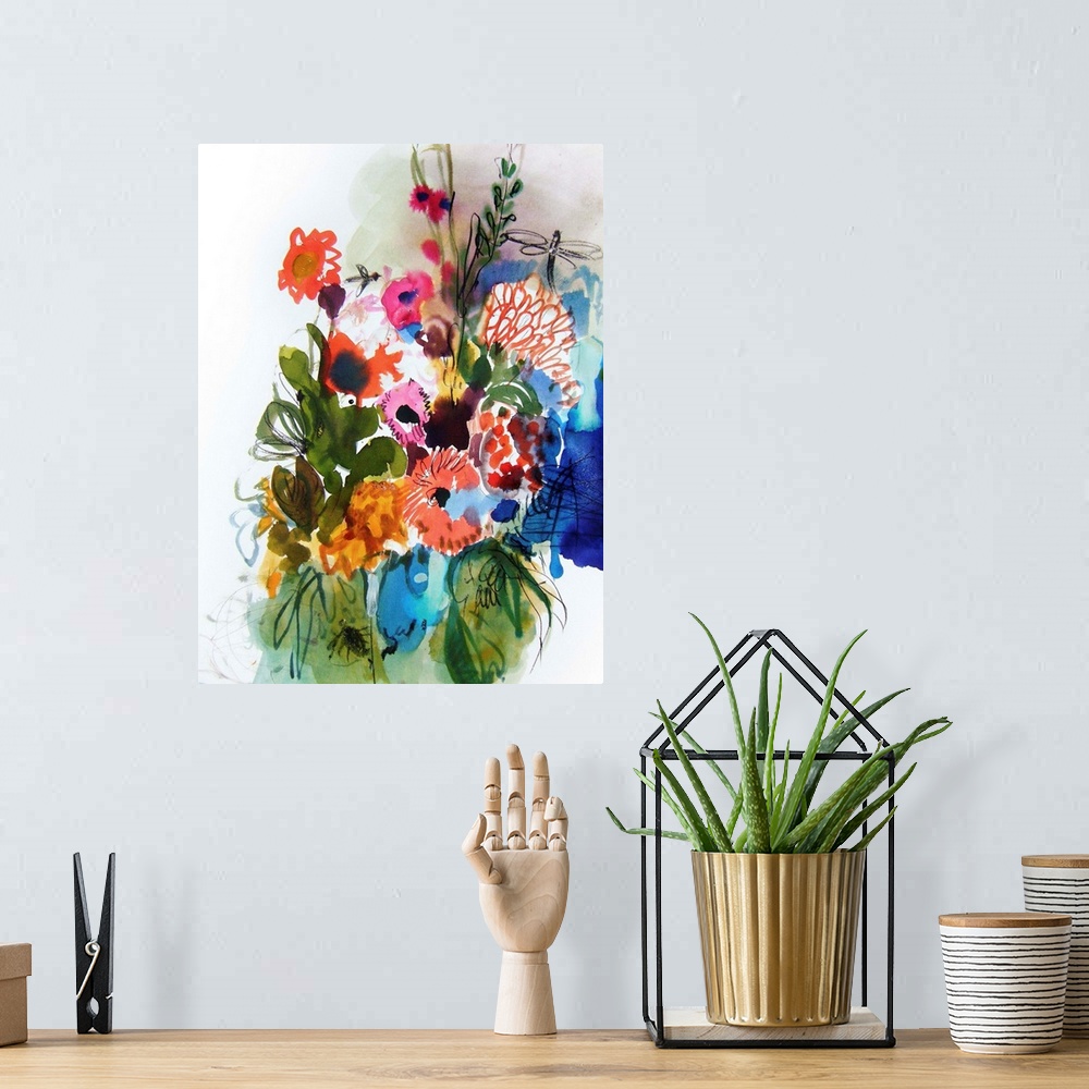 A bohemian room featuring A contemporary watercolor painting of a bouquet of flowers.