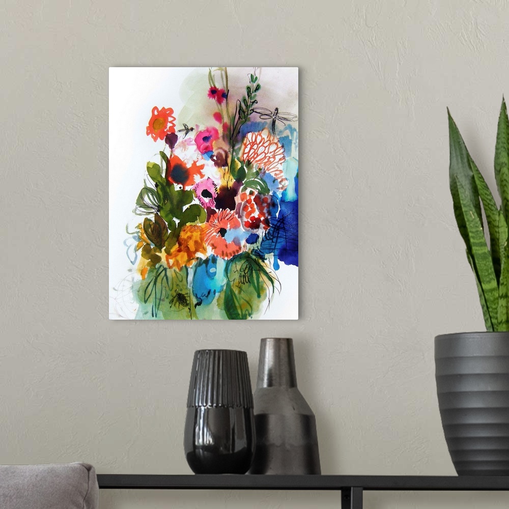 A modern room featuring A contemporary watercolor painting of a bouquet of flowers.