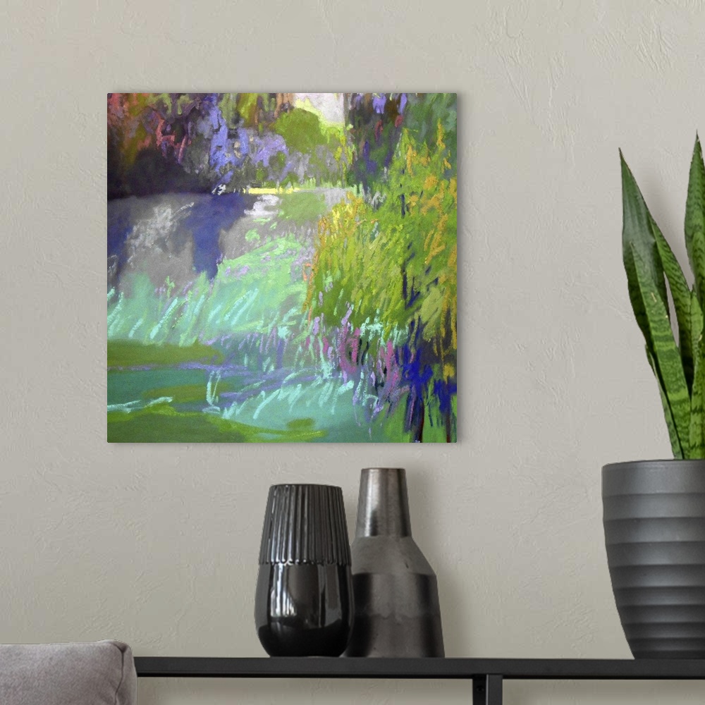 A modern room featuring Colorful contemporary landscape painting using vibrant tones of green.