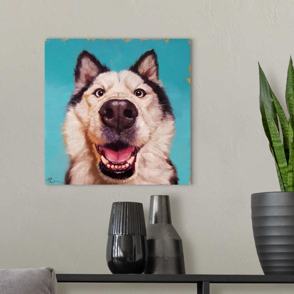 A modern room featuring A contemporary painting of a Siberian Husky against a blue backdrop.