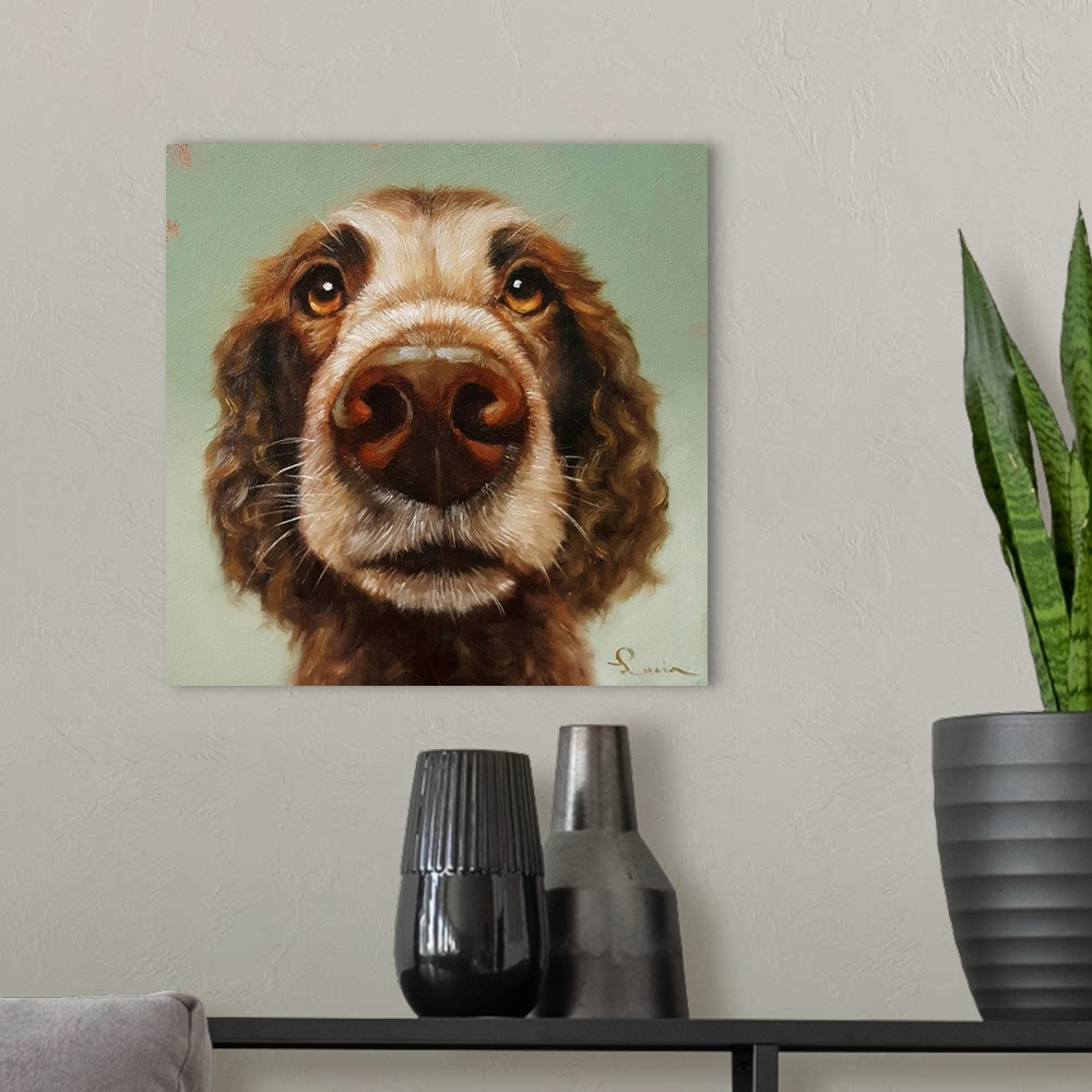 A modern room featuring A contemporary painting of a cocker spaniel against a green backdrop.
