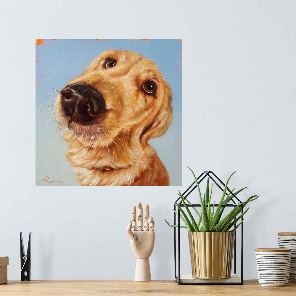 A bohemian room featuring A contemporary painting of a yellow labrador against a blue backdrop.