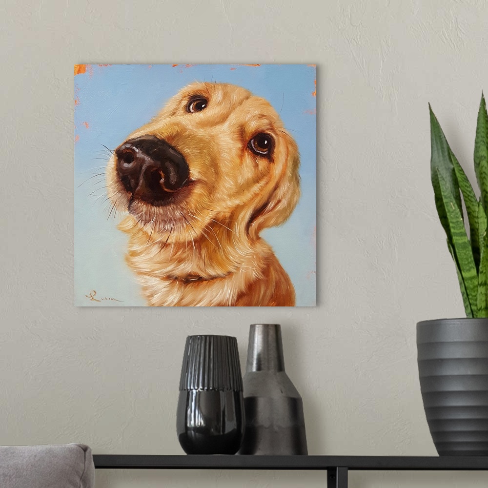 A modern room featuring A contemporary painting of a yellow labrador against a blue backdrop.