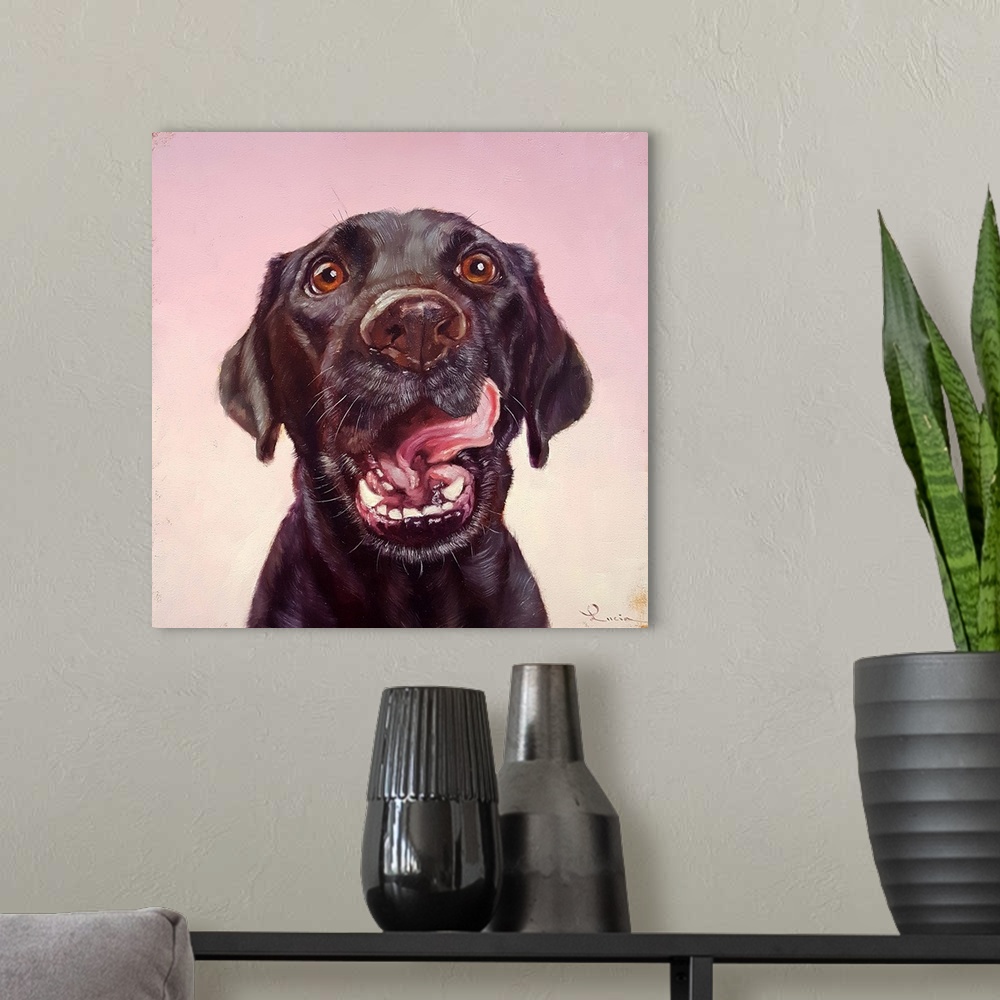 A modern room featuring A contemporary painting of a black labrador against a pink backdrop.