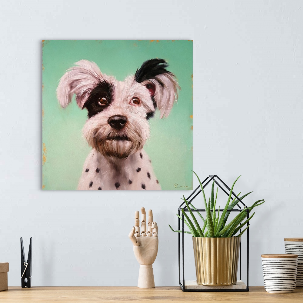 A bohemian room featuring A contemporary painting of a terrier against a green backdrop.