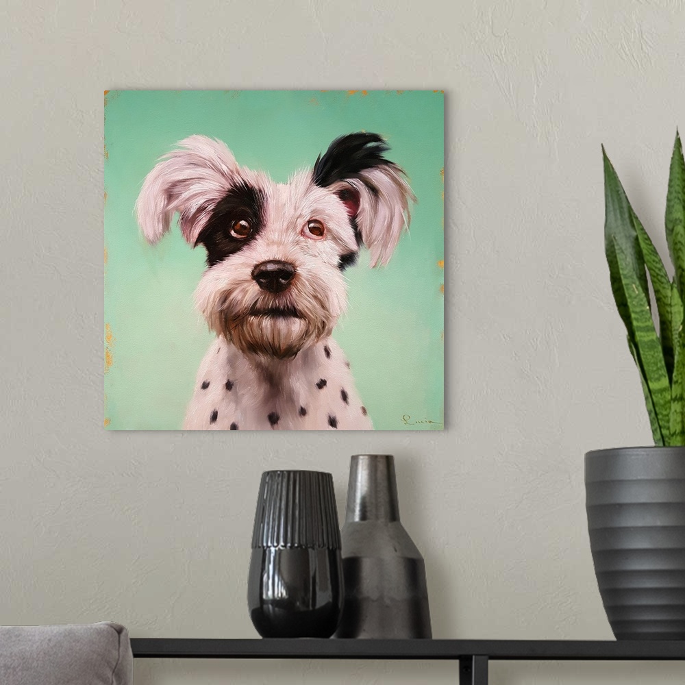 A modern room featuring A contemporary painting of a terrier against a green backdrop.