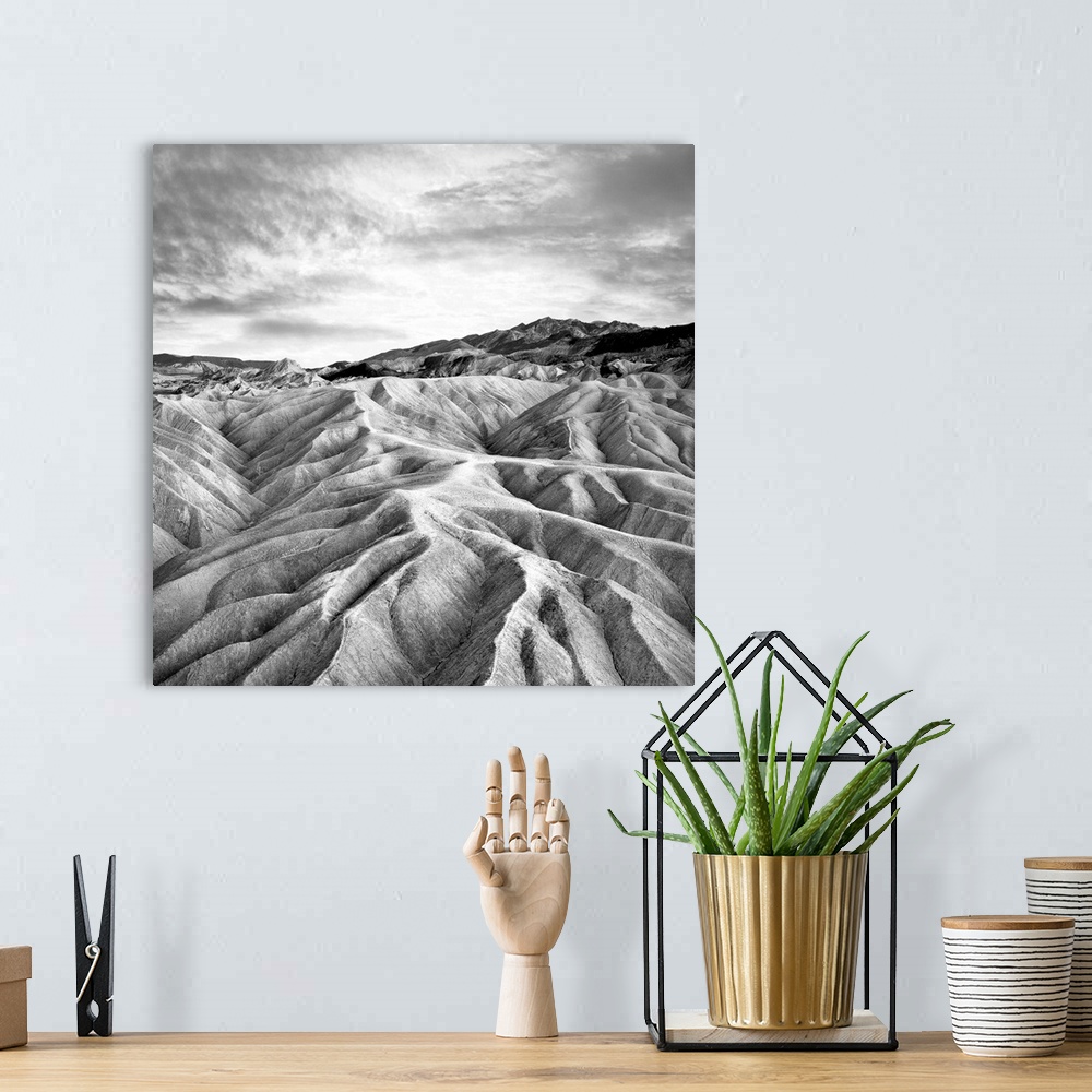A bohemian room featuring Square black and white photograph of contrasting mountains ridges.