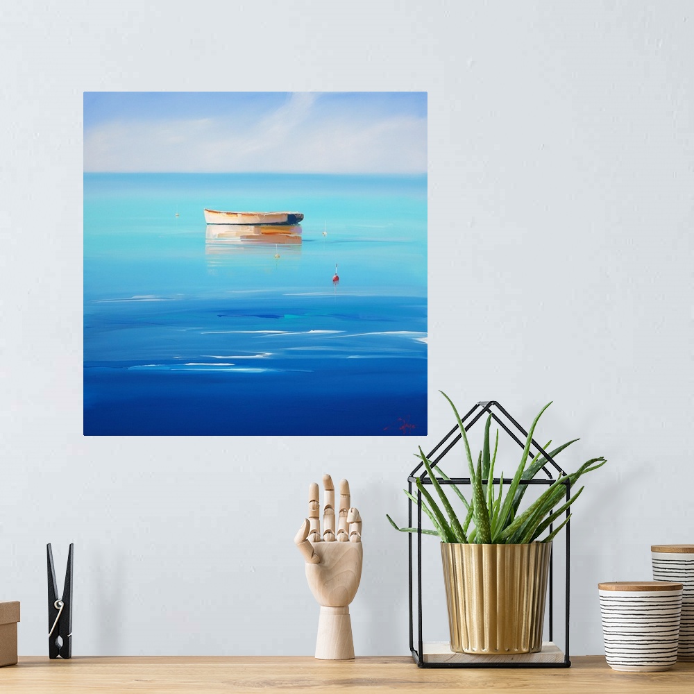A bohemian room featuring Contemporary painting of a lone boat in the deep blue ocean.
