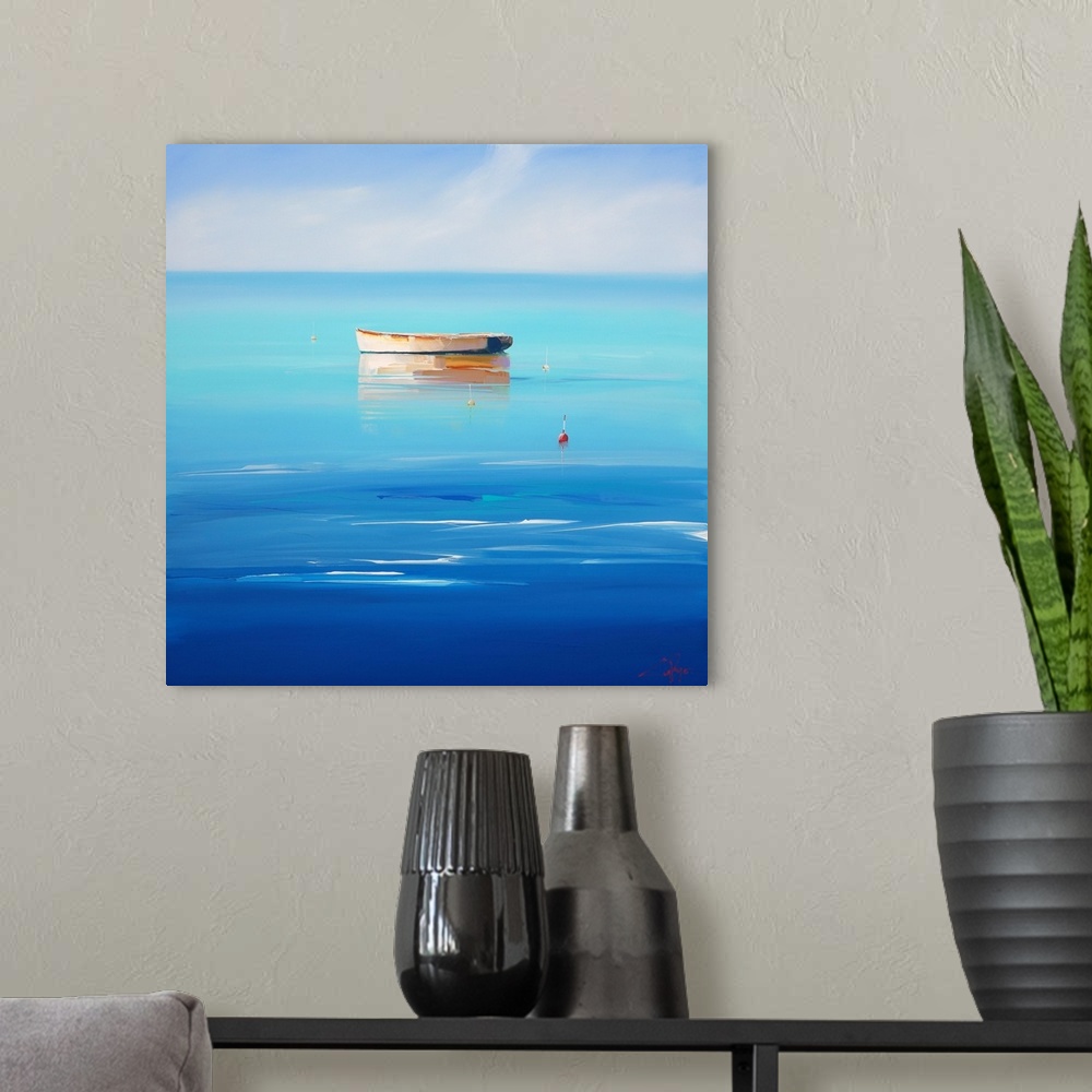 A modern room featuring Contemporary painting of a lone boat in the deep blue ocean.