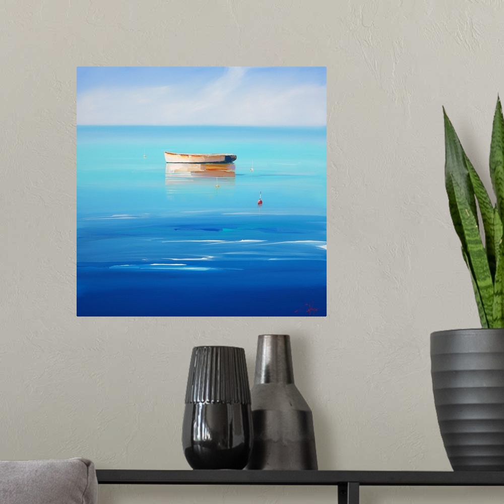 A modern room featuring Contemporary painting of a lone boat in the deep blue ocean.