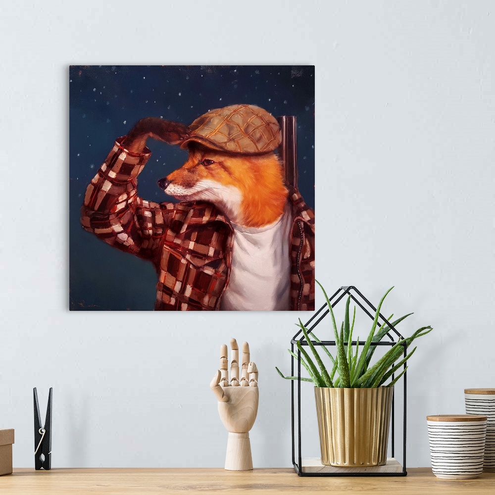 A bohemian room featuring A contemporary painting of a fox in a plaid outfit.