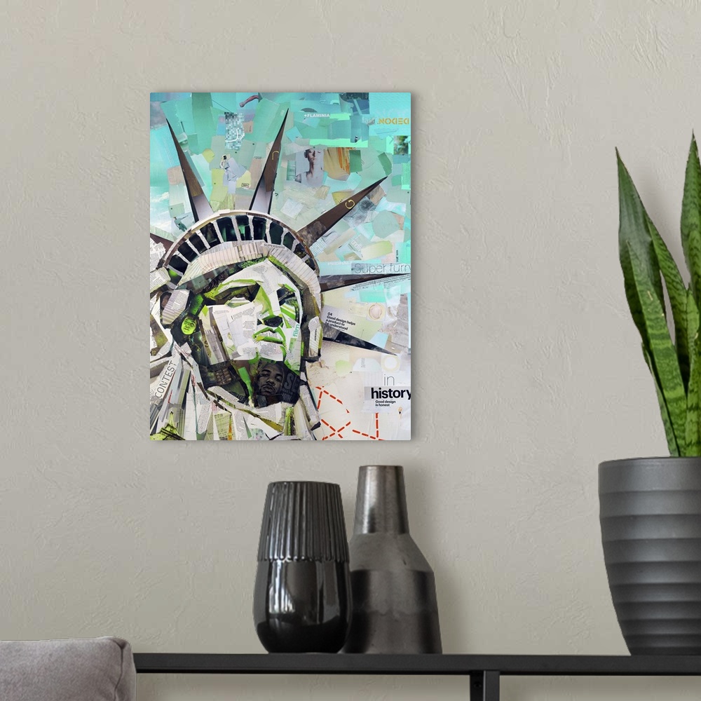 A modern room featuring Mixed media artwork of the statue of liberty made from cut magazine and book pages.