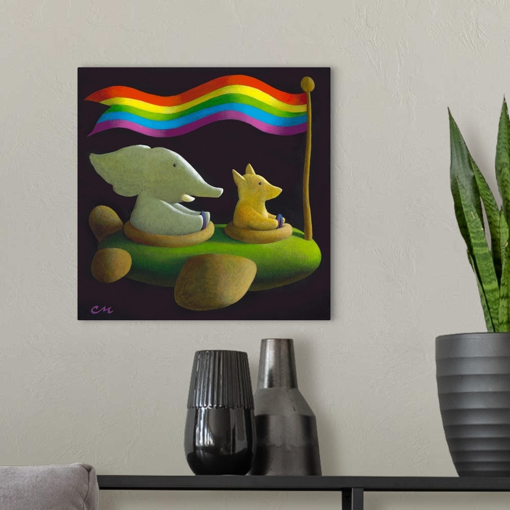 A modern room featuring Contemporary painting of a a dog and an elephant flying an airplane with a rainbow flag overhead.