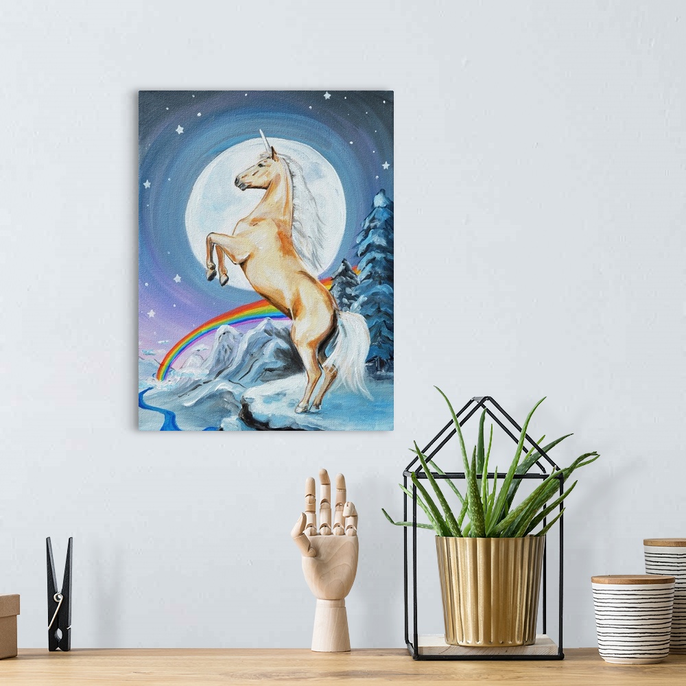 A bohemian room featuring Whimsical painting of a unicorn in a mountainous snowscape with a rainbow in the background.