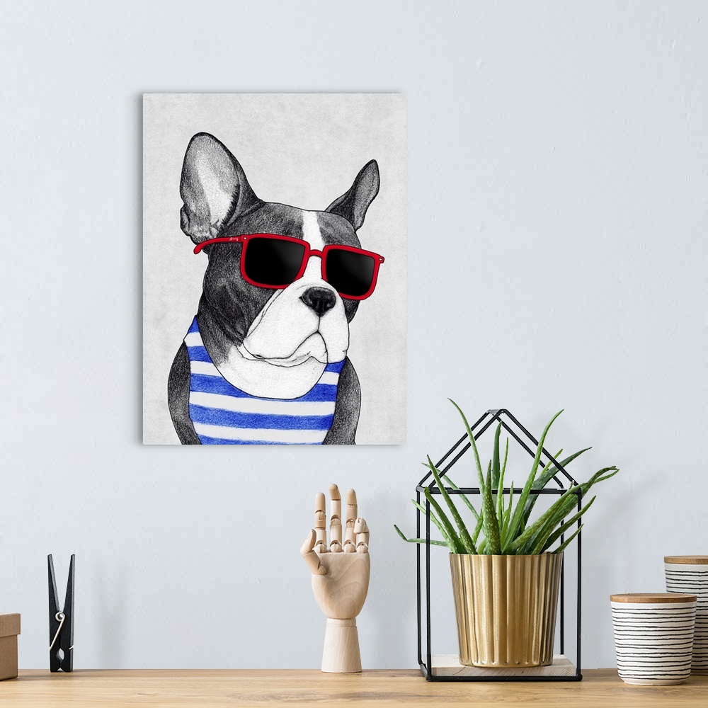 A bohemian room featuring A digital illustration of a french bull dog in a striped tank and red sunglasses.