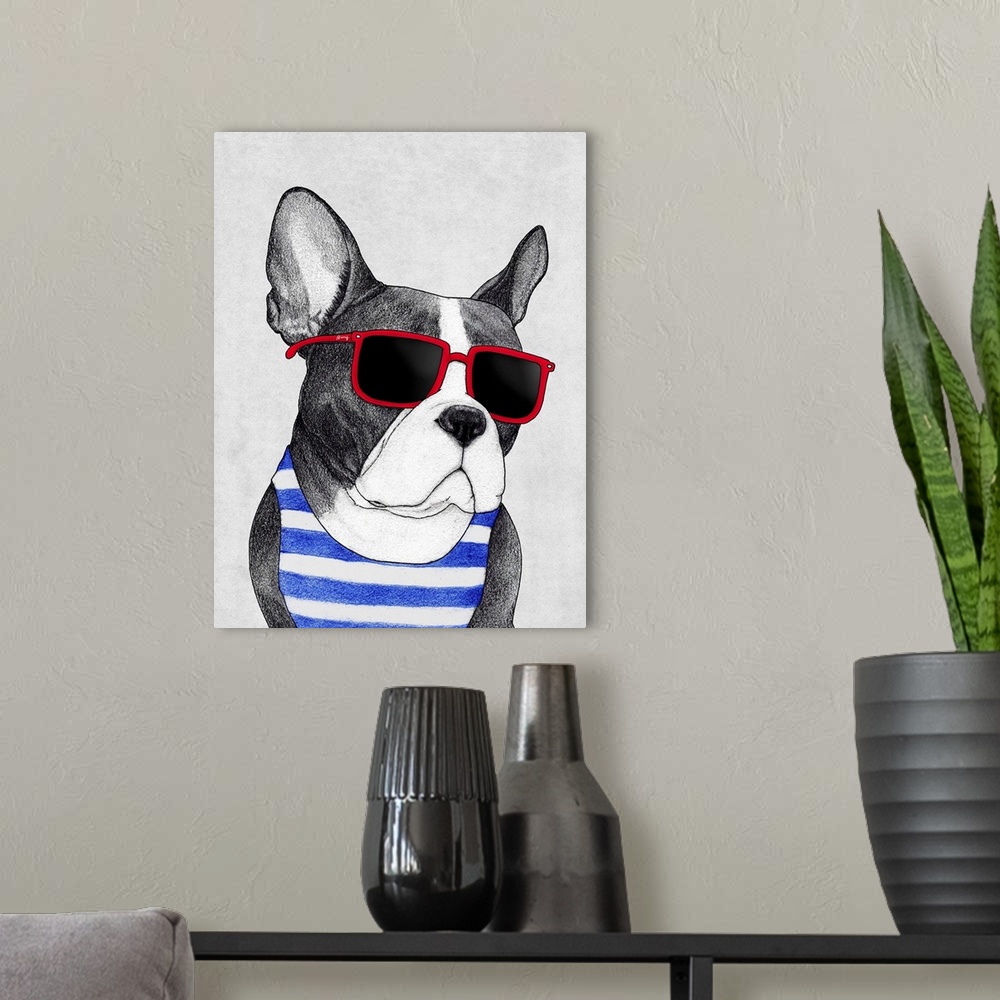 A modern room featuring A digital illustration of a french bull dog in a striped tank and red sunglasses.
