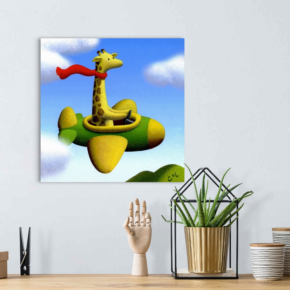 A bohemian room featuring Painting of a giraffe wearing a scarf and flying an airplane.