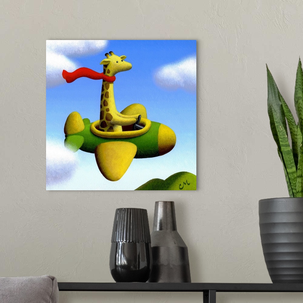 A modern room featuring Painting of a giraffe wearing a scarf and flying an airplane.