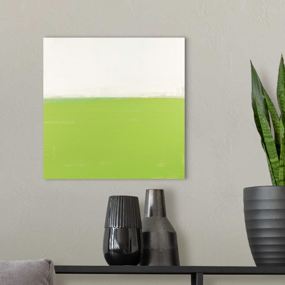 A modern room featuring Contemporary abstract colorfield painting using light green and white in a distressed style.