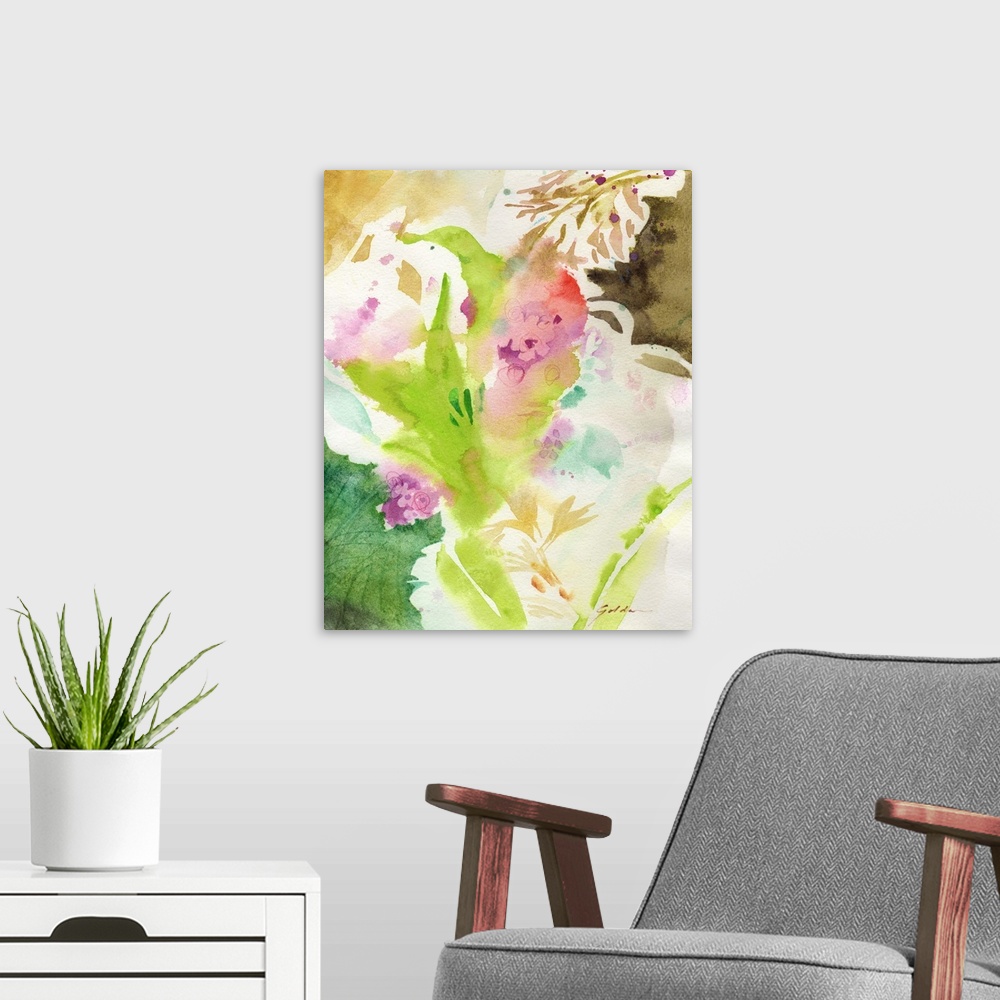 A modern room featuring A vertical watercolor painting of abstract leaves.