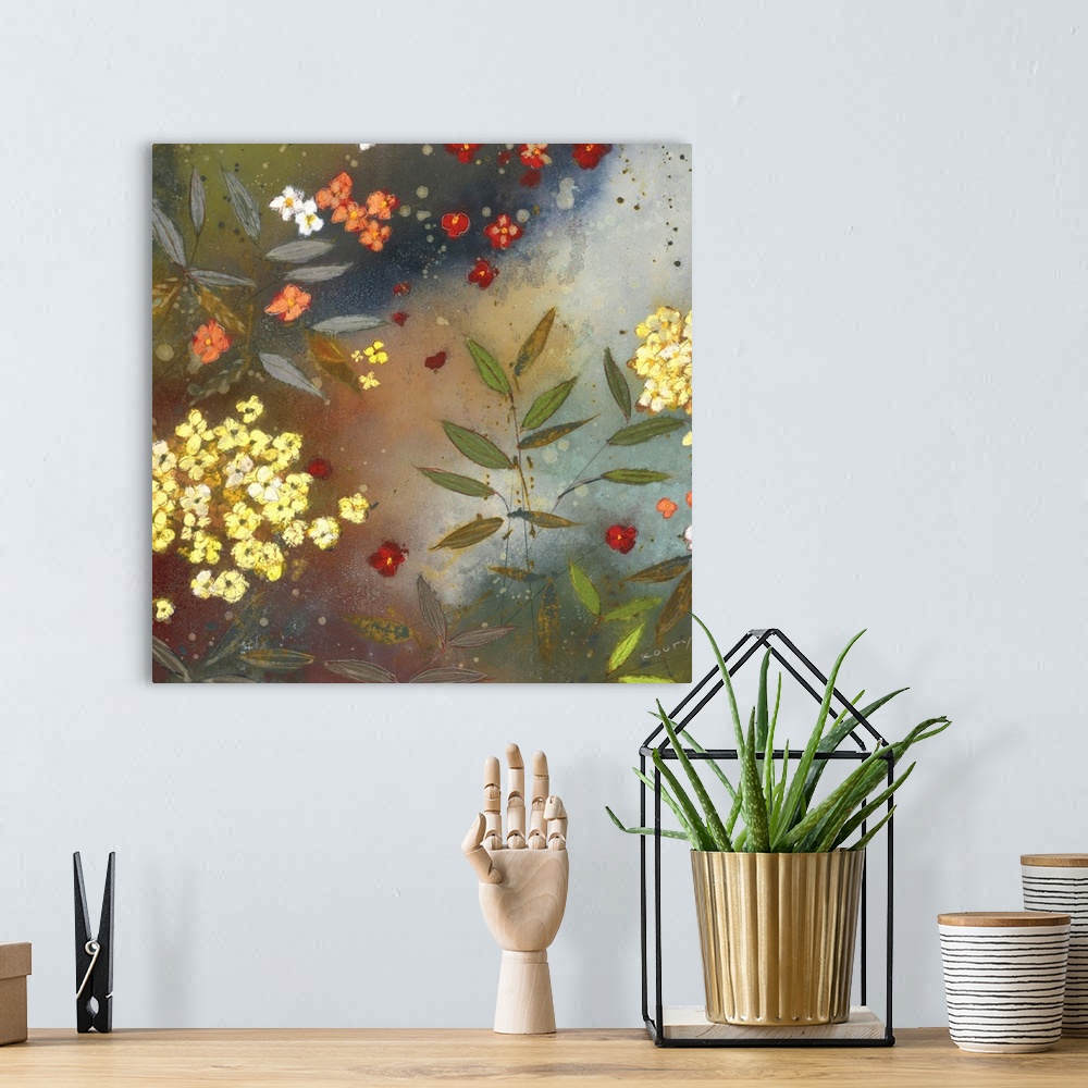 A bohemian room featuring Contemporary painting of garden flowers in yellow red and orange.