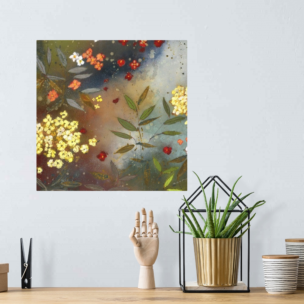 A bohemian room featuring Contemporary painting of garden flowers in yellow red and orange.