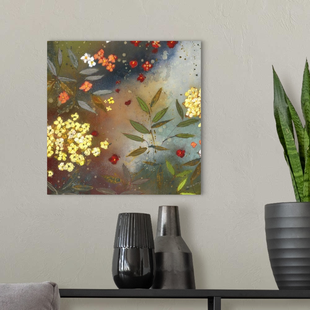 A modern room featuring Contemporary painting of garden flowers in yellow red and orange.