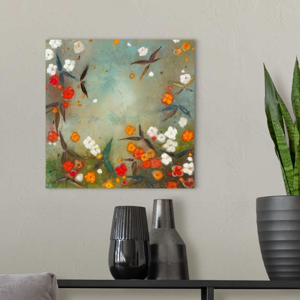 A modern room featuring Contemporary painting of garden flowers in white red and orange.