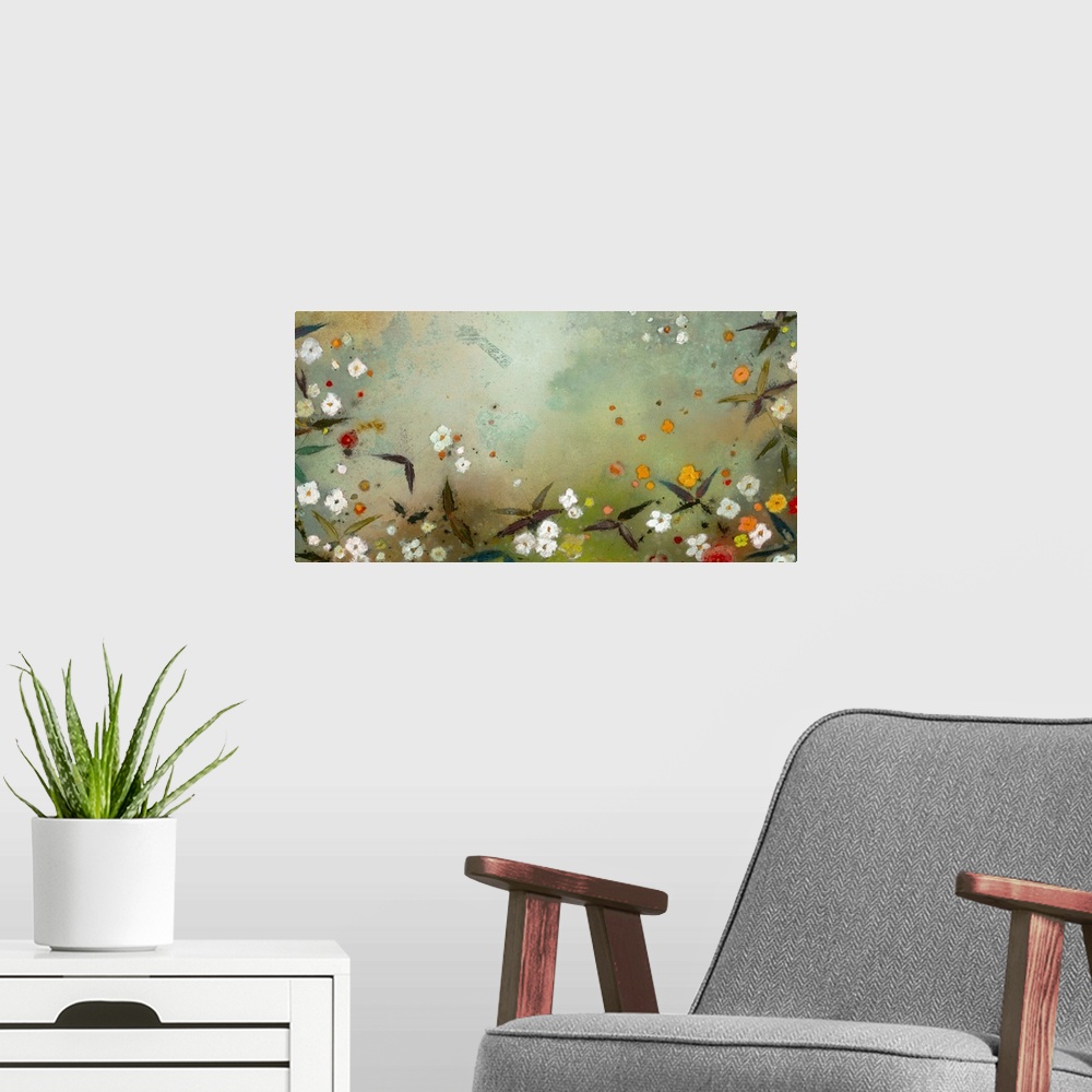 A modern room featuring Contemporary painting of garden flowers in orange red and white.
