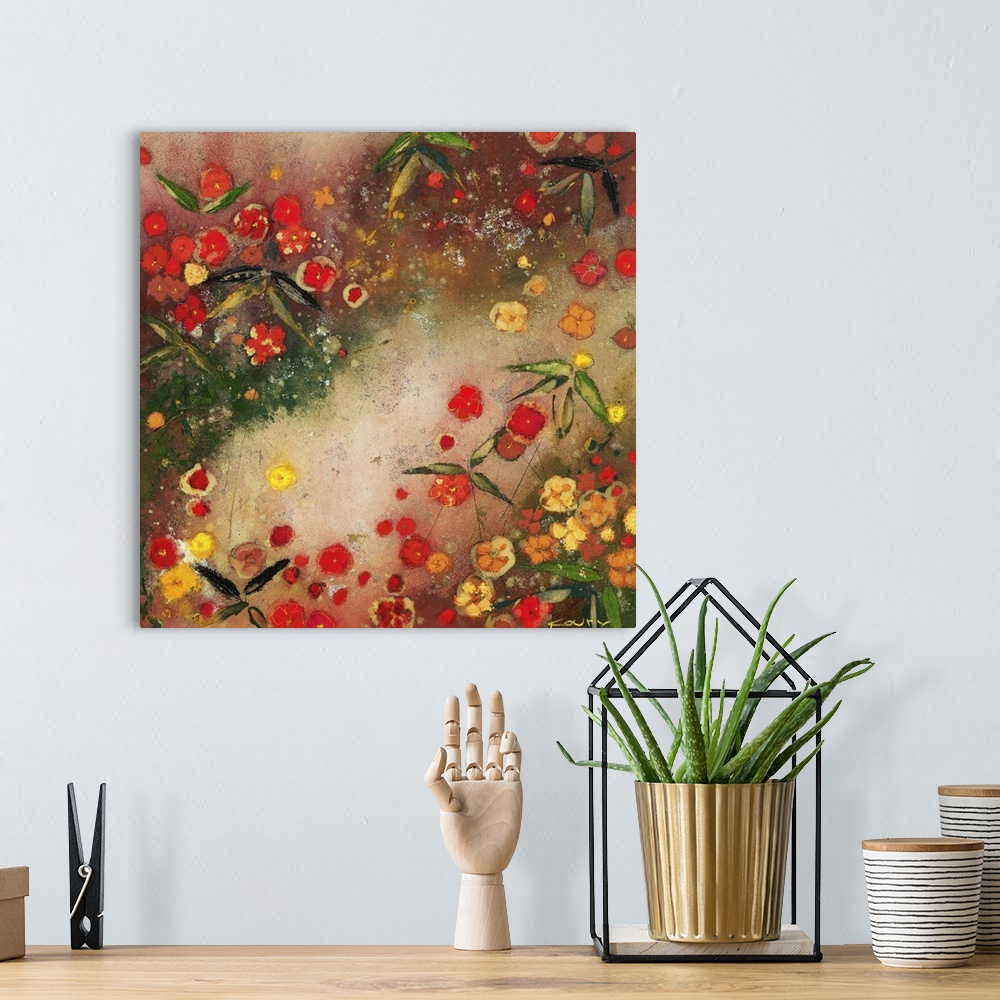 A bohemian room featuring Contemporary painting of vibrant red flowers mixed with bright yellow flowers.