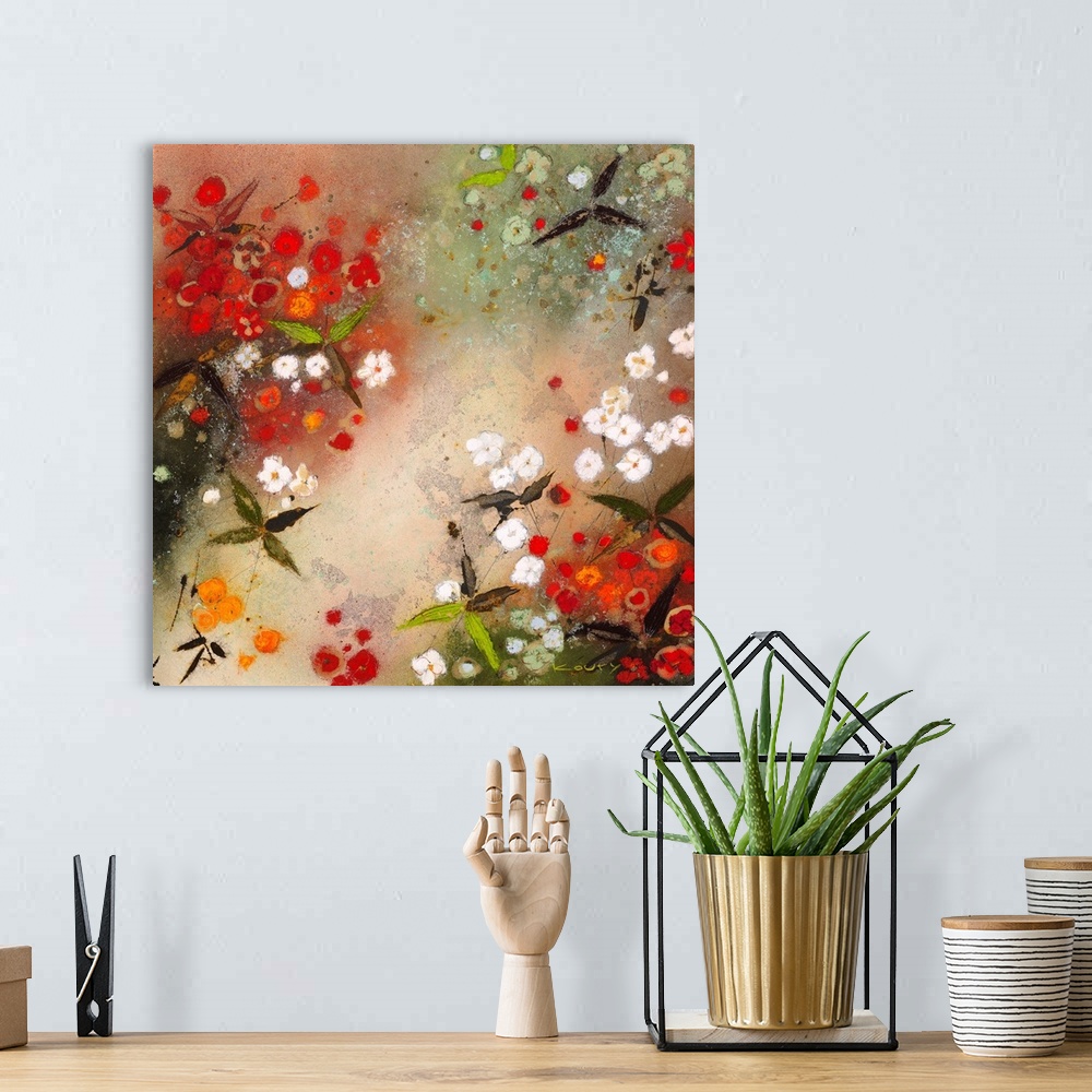 A bohemian room featuring Contemporary painting of vibrant red flowers mixed with bright white flowers.