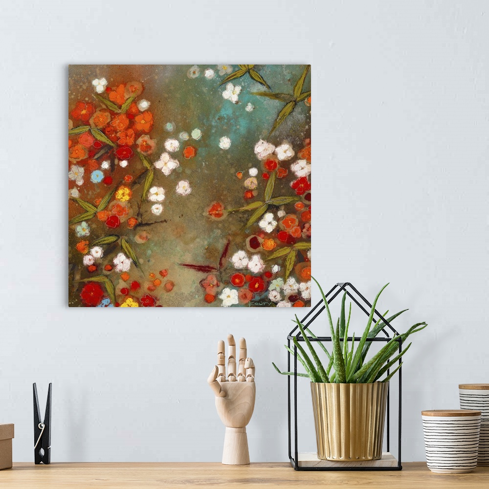 A bohemian room featuring Contemporary painting of vibrant orange flowers mixed with bright white flowers.