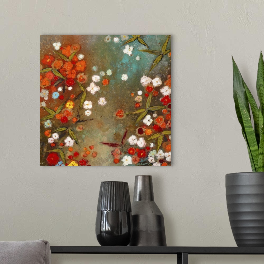 A modern room featuring Contemporary painting of vibrant orange flowers mixed with bright white flowers.