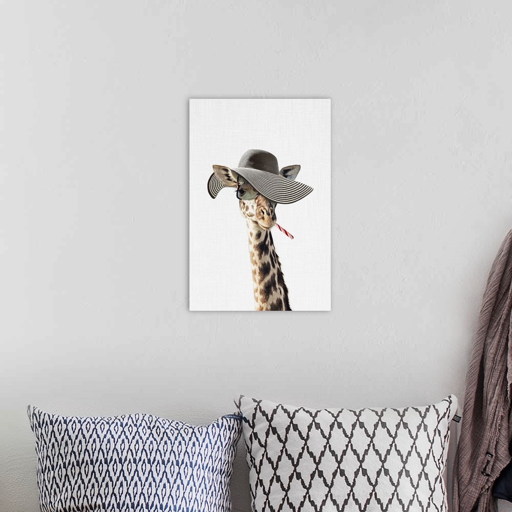 A bohemian room featuring A creative digital illustration of a Giraffe Dressed in a Hat.