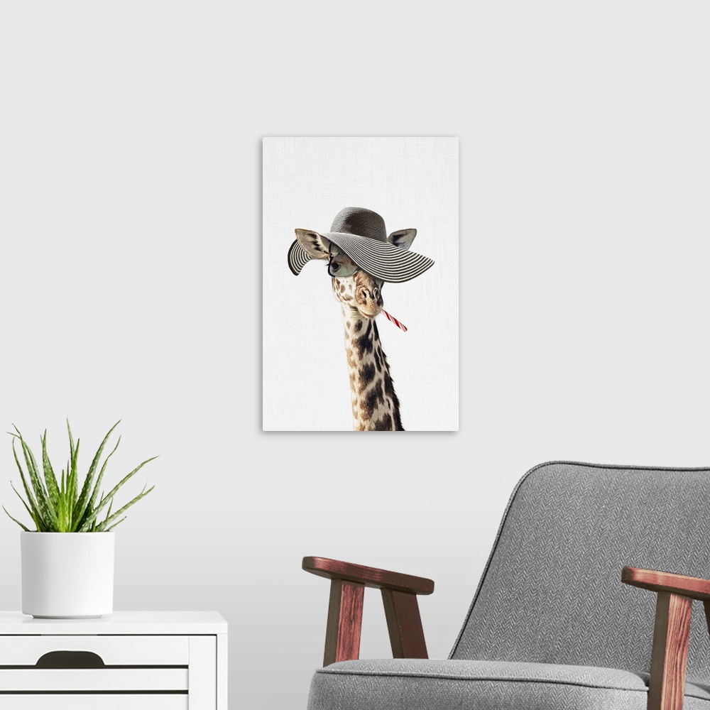A modern room featuring A creative digital illustration of a Giraffe Dressed in a Hat.
