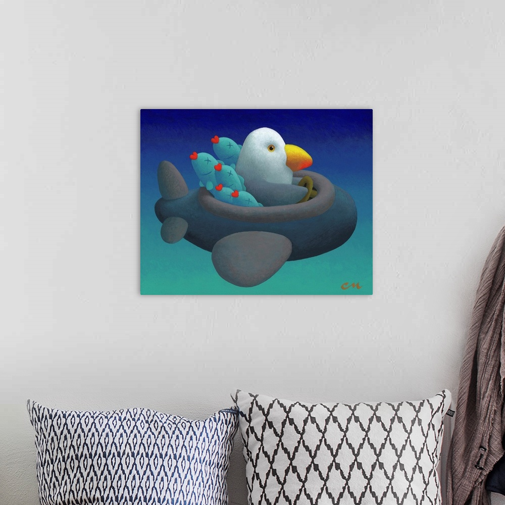 A bohemian room featuring Comical painting of a bird flying home after catching some fish.