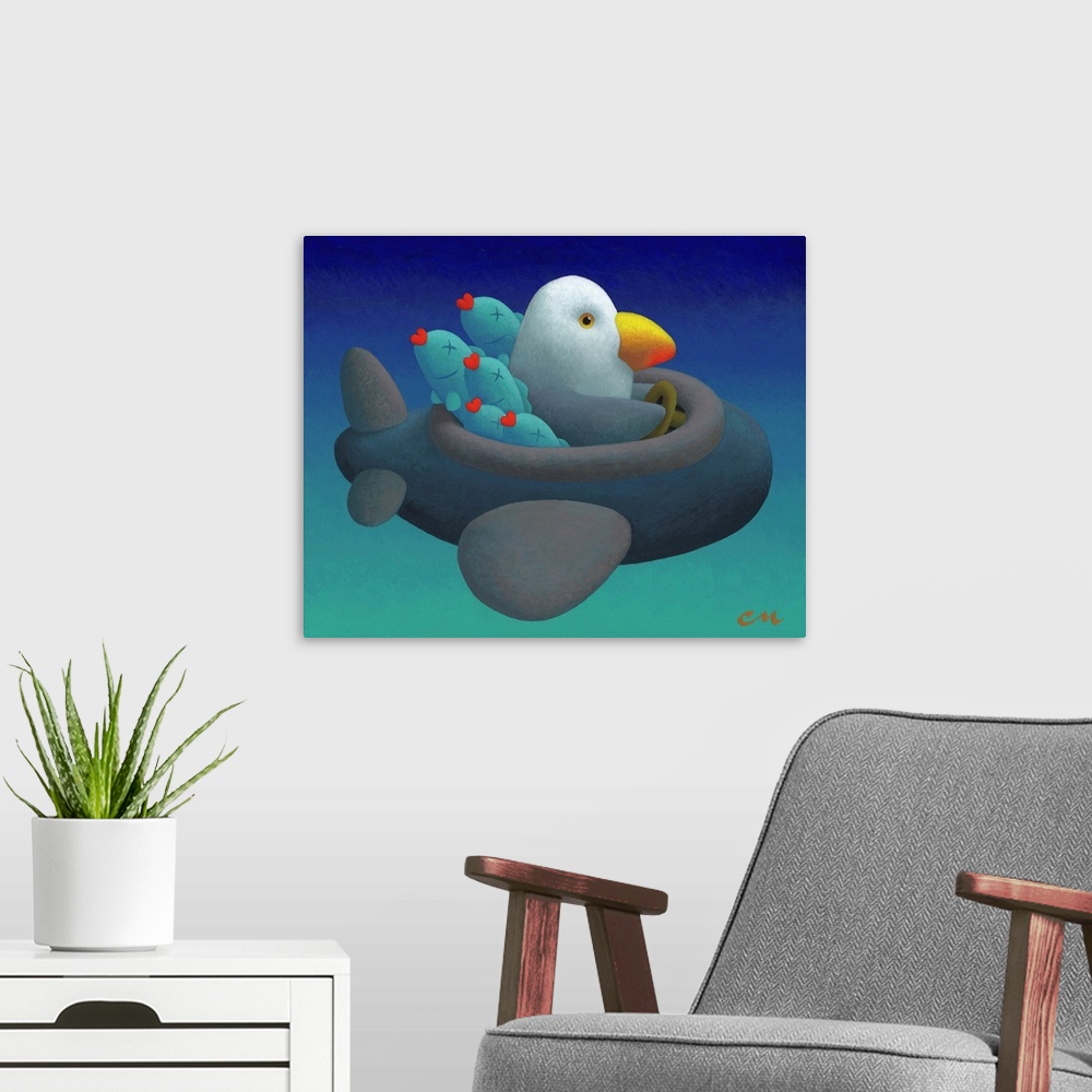 A modern room featuring Comical painting of a bird flying home after catching some fish.