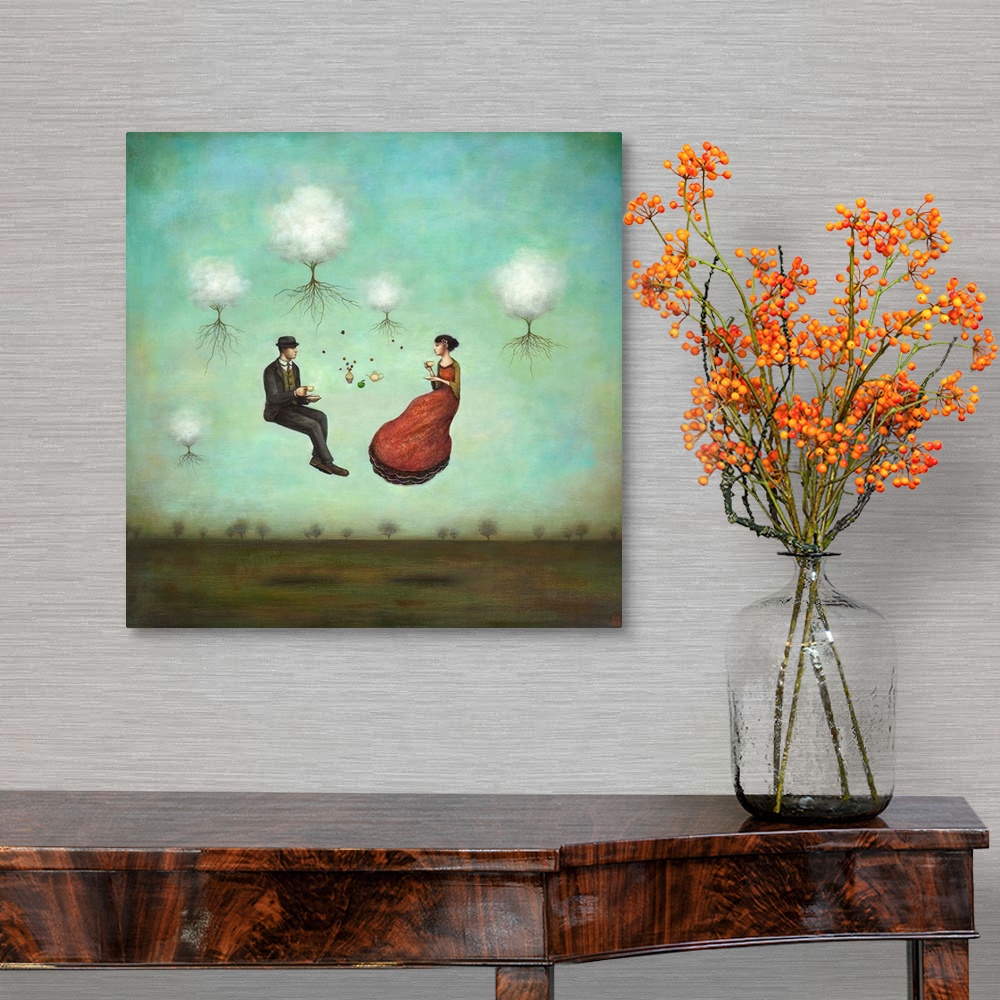 A traditional room featuring Contemporary surreal artwork of a woman and man having tea while floating in the air.