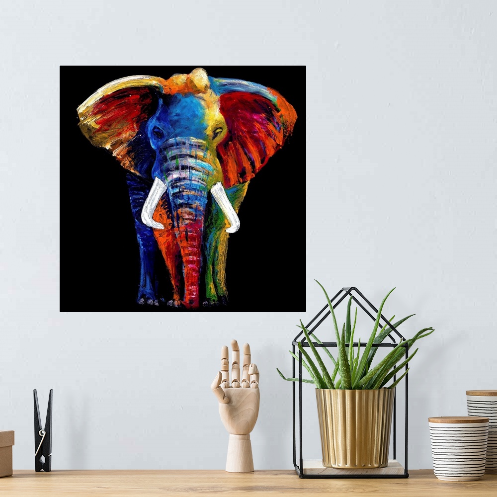 A bohemian room featuring A contemporary painting of an elephant in multi-colored vibrant paints against a black backdrop.