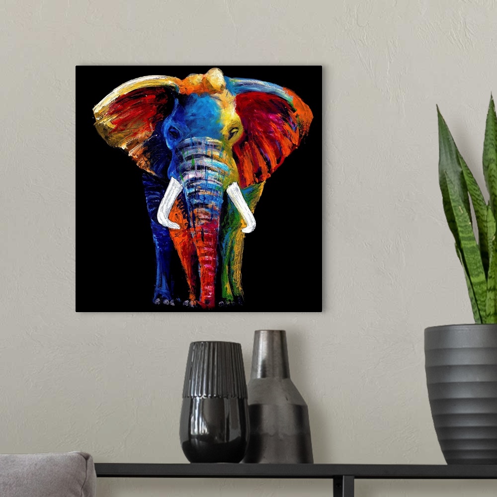 A modern room featuring A contemporary painting of an elephant in multi-colored vibrant paints against a black backdrop.