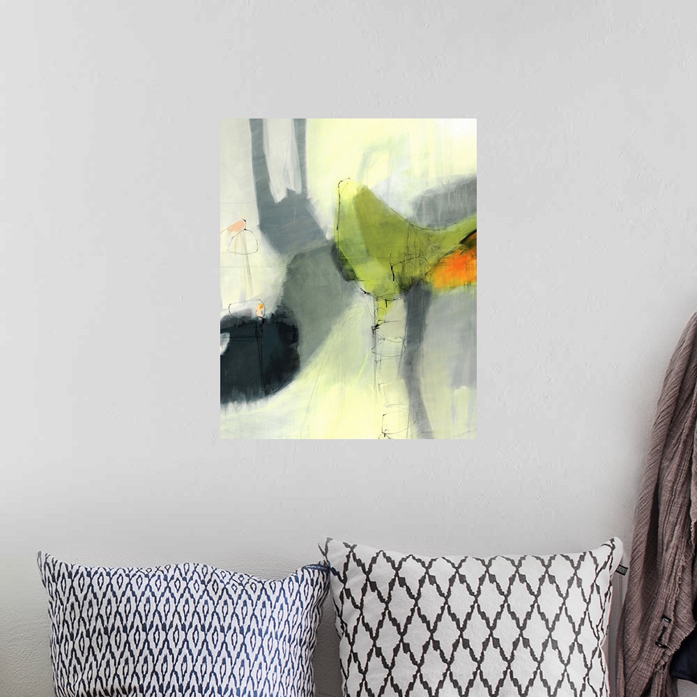 A bohemian room featuring A contemporary abstract painting using wonderful shapes and colors.