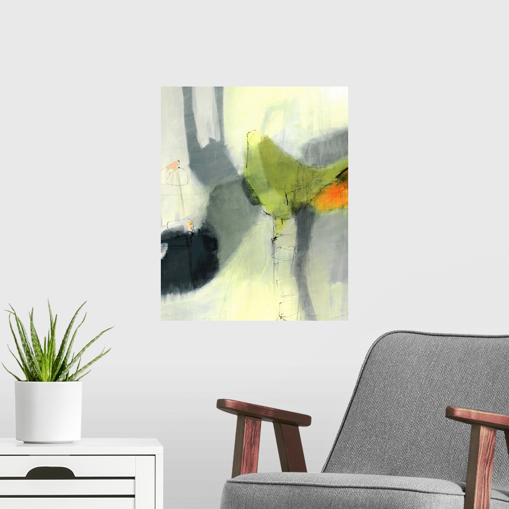 A modern room featuring A contemporary abstract painting using wonderful shapes and colors.