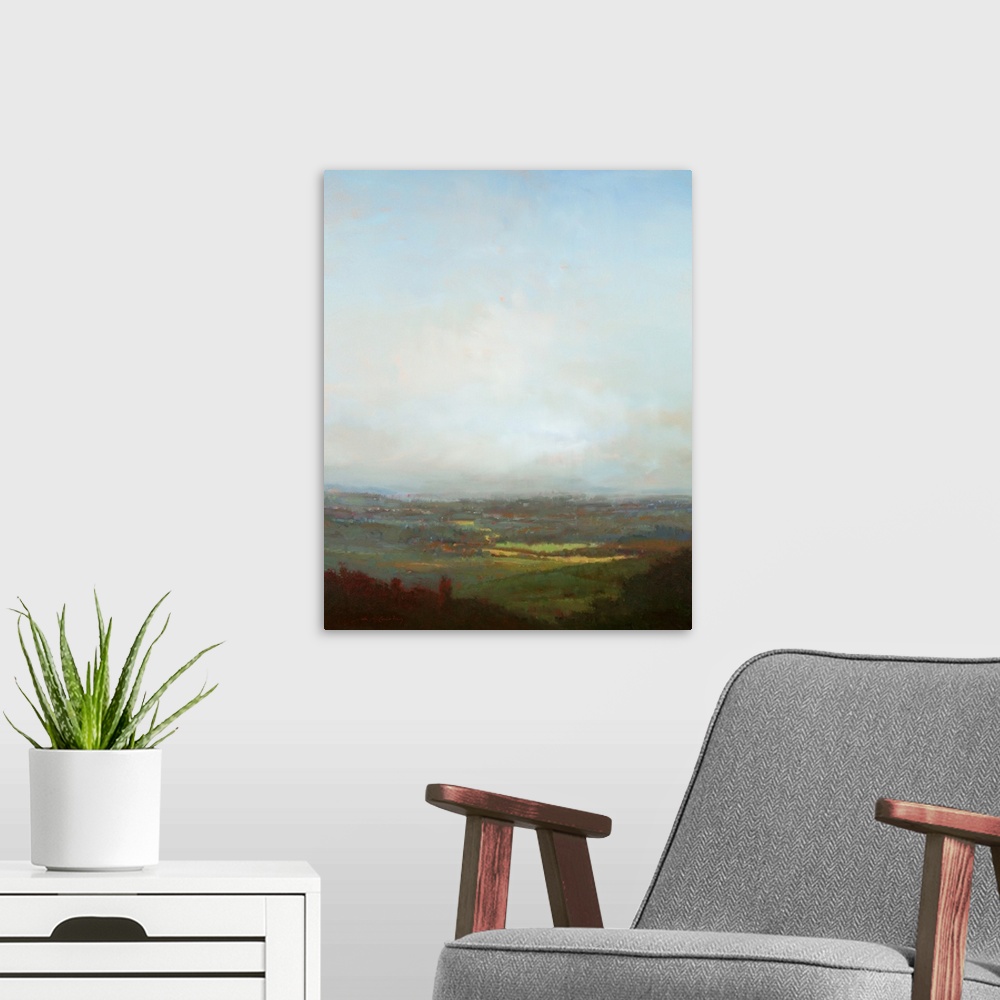A modern room featuring 48x40 - o/aContemporary landscape painting with cloudy skies above.c