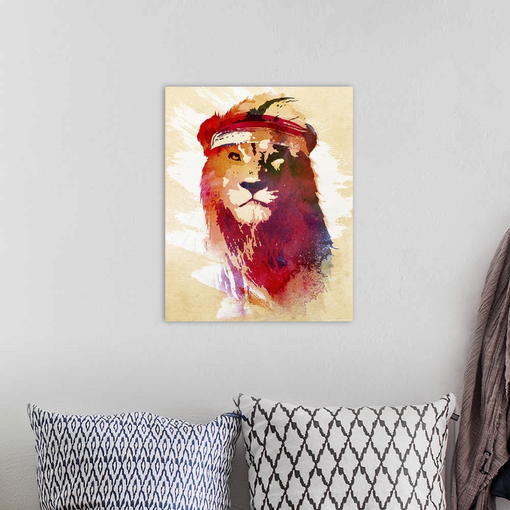 A bohemian room featuring Contemporary double exposure artwork of a lion wearing a headband.
