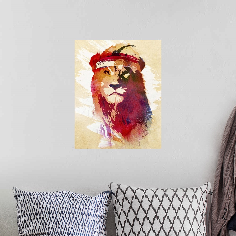 A bohemian room featuring Contemporary double exposure artwork of a lion wearing a headband.